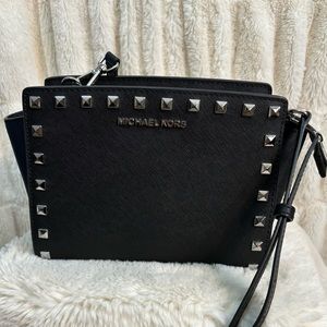 Michael Kors Selma silver studded crossbody black saffiano leather